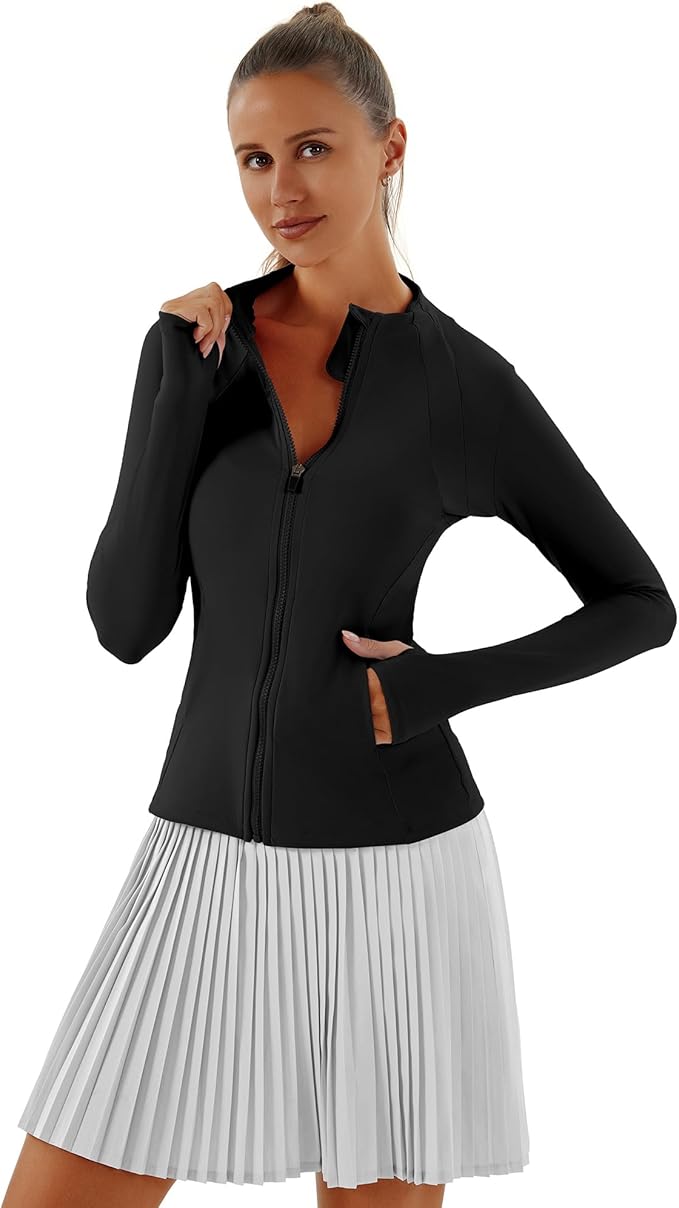 Women Jacket Full Zip UP Workout Athletic Cropped Jacket wIth Thumb Holes Running Yoga Sportswear