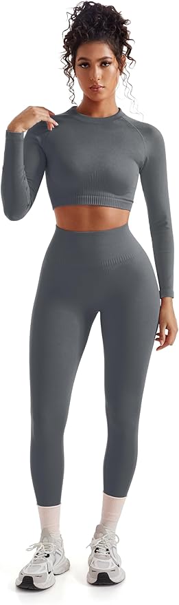 SUUKSESS Women 2 Piece Workout Sets Hidden Scrunch Hip Lifting Seamless Leggings Long Sleeve Yoga Crop Tops
