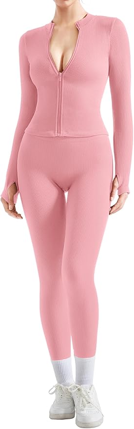 SUUKSESS Women 2 Piece Seamless Ribbed Workout Sets With Zip Up Jacket High Waisted Gym Yoga Leggings