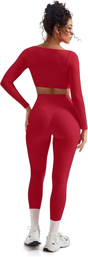 SUUKSESS Women 2 Piece Workout Sets Compression Tummy Control Leggings with Pockets Long Sleeve Square Neck Padded Crop Tops