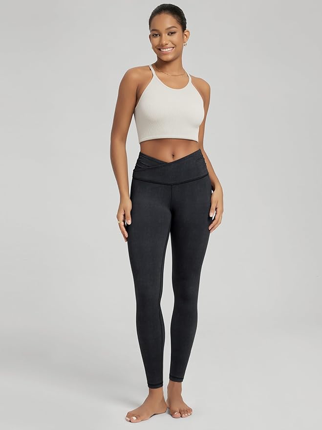 ODODOS Women's Cross Waist Yoga Leggings with Inner Pocket, 23"/25"/28" Gathered Crossover Workout Yoga Pants