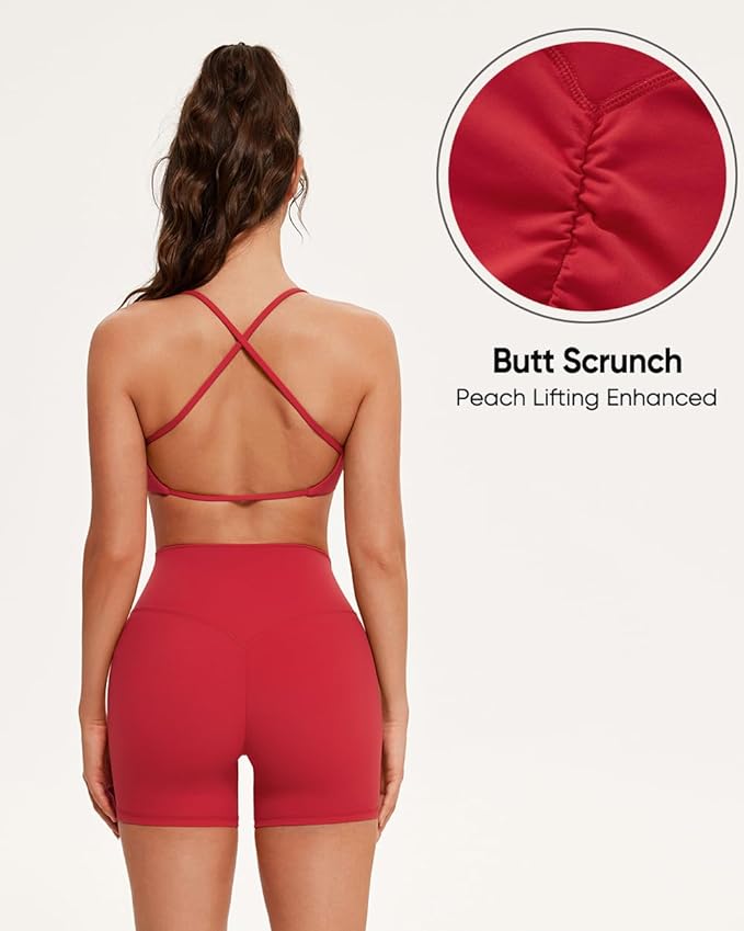 OMKAGI Workout Sets for Women Open Back Strappy Sports Bra Booty Biker Shorts Gym Outfits