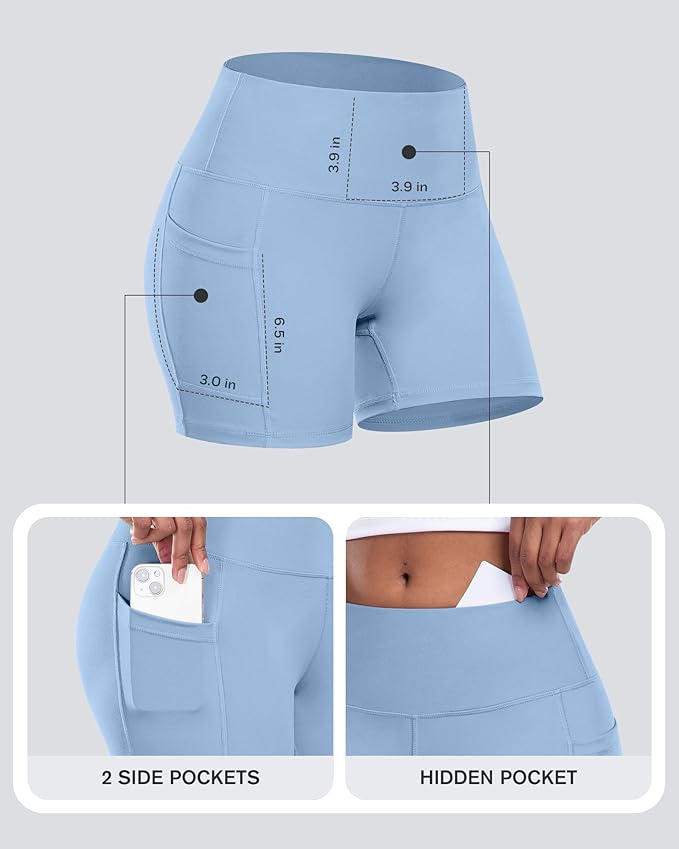 CHRLEISURE Womens Biker Yoga Shorts with Pocket, High Waisted Tummy Control 5 Inch Workout Spandex Athletic Gym Shorts