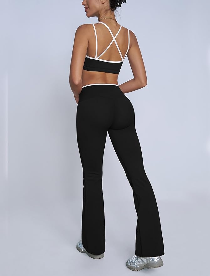 ABOCIW Workout Sets for Women 2 Piece Color Block Strappy Sports Bra High Waist Flare Leggings Gym Yoga Pilates Outfits