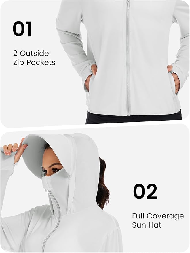 VUTRU Women UPF 50+ Sun Protection Jacket Hoodie Lightweight Full Zip Pockets Running Shirts Long Sleeve for Hiking Outdoor