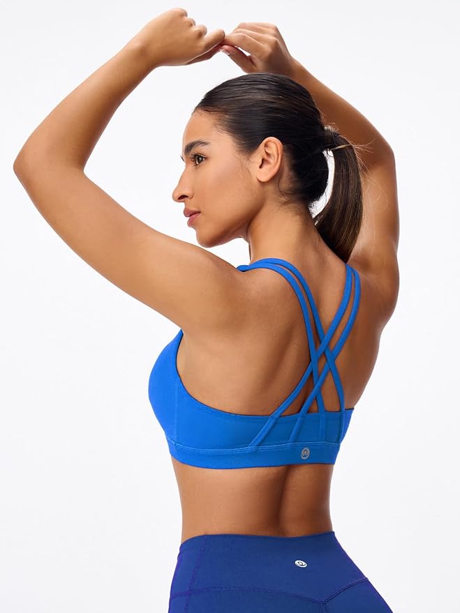 Women's Strappy Sports Bras Light Compression Crop Criss Cross Back Padded Workout Yoga Bra Supportive U Neckline