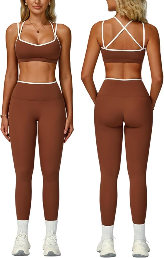 ABOCIW Two Piece Workout Sets for Women Color Block Strappy Sports Bra High Waist Leggings Yoga Pilates Outfits