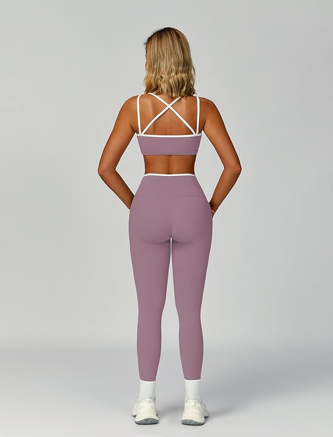 ABOCIW Two Piece Workout Sets for Women Color Block Strappy Sports Bra High Waist Leggings Yoga Pilates Outfits