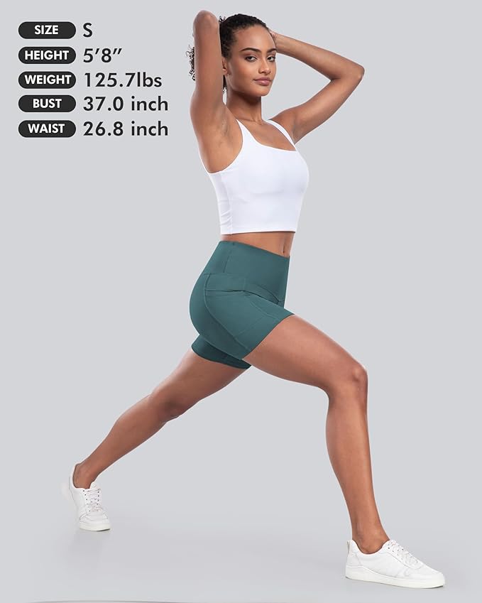 CHRLEISURE Womens Biker Yoga Shorts with Pocket, High Waisted Tummy Control 5 Inch Workout Spandex Athletic Gym Shorts