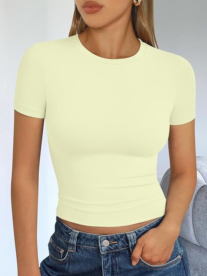 Trendy Queen Womens Short Sleeve T Shirts - Buttery Soft Summer Crop Tops Slim Fit Y2k Basic Tees for Workout