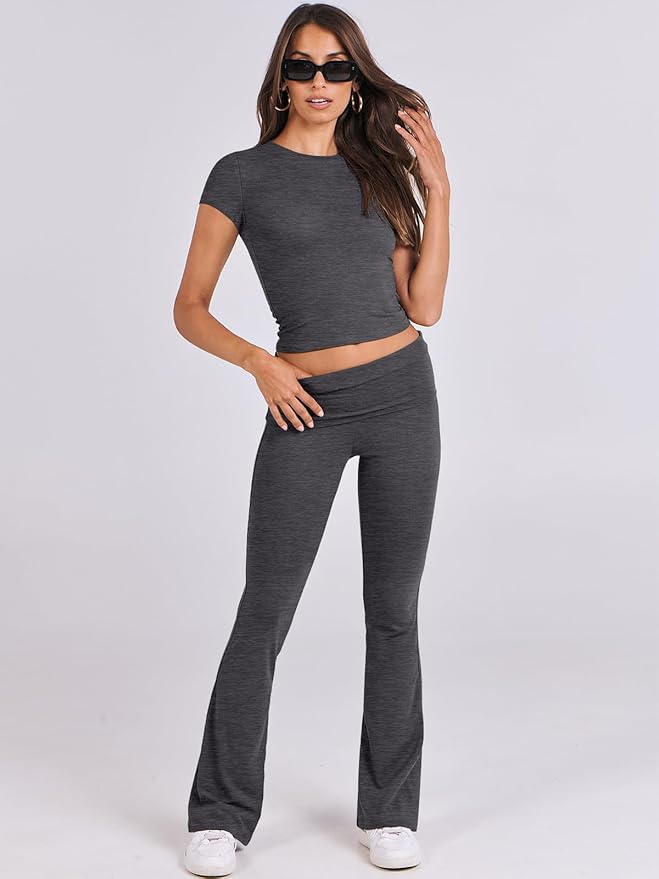ANRABESS Lounge Sets for Women 2 Piece Foldover Yoga Flare Leggings Pants Crop Tops Casual Y2K Outfits Matching Tracksuit Set