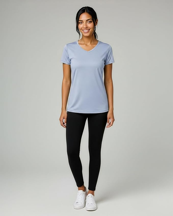 Real Essentials 5 Pack: Women's Dry-Fit Short Sleeve V Neck T Shirt Workout Fitness Yoga Top Tee (Available in Plus Size)
