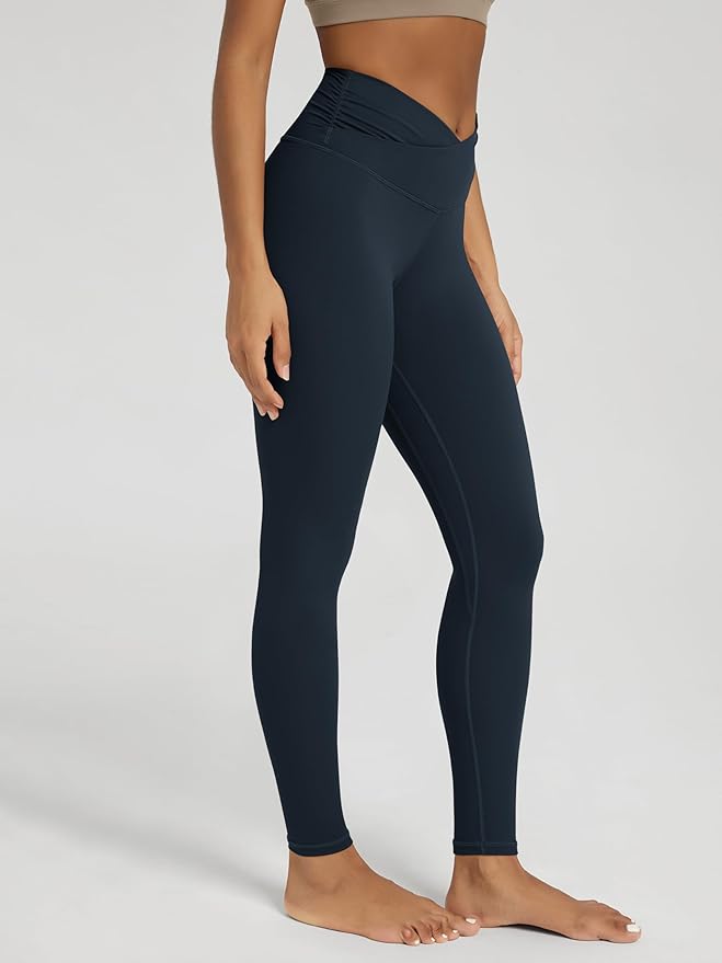 ODODOS Women's Cross Waist Yoga Leggings with Inner Pocket, 23"/25"/28" Gathered Crossover Workout Yoga Pants