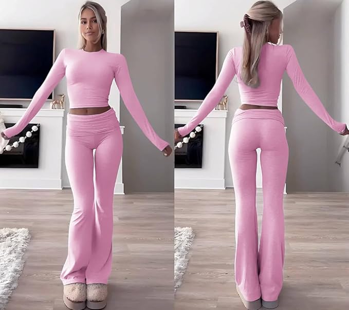 ZFLM Casual Workout Two Piece Outfits Long Sleeve High Waist Fold-Over Flared Leggings Pants Tracksuit Sets Streetwear