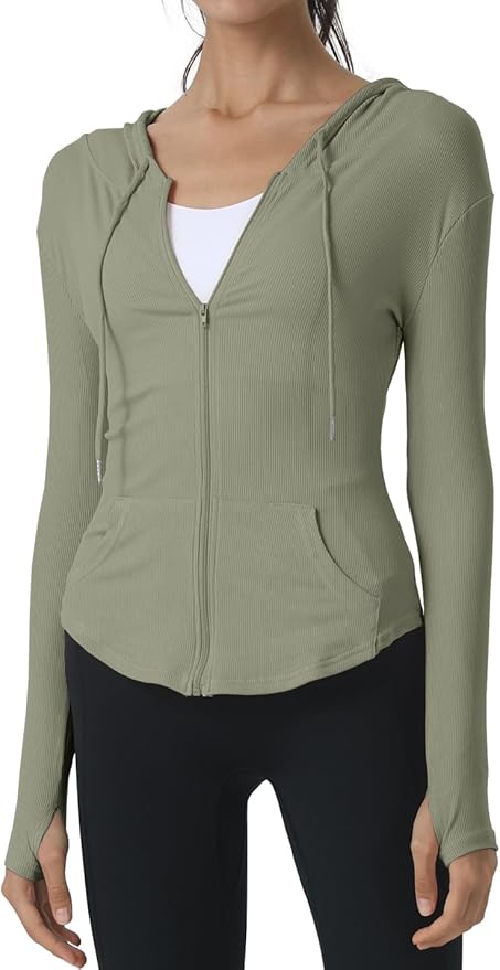 Locachy Womens Slim Fit Full Zip Hoodie Athletic Jacket Yoga Workout Running Jackets with Thumb Holes