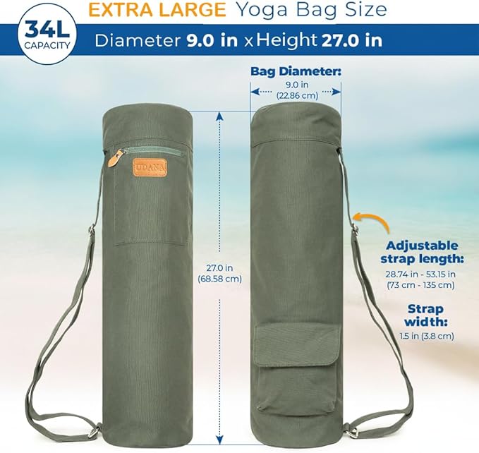 UDANA Yoga Mat Bag – Heavy Duty Canvas Carrier with 3 Pockets & Full Zip – Available in 3 Sizes (16L, 18L, 34L) - Multiple Colors