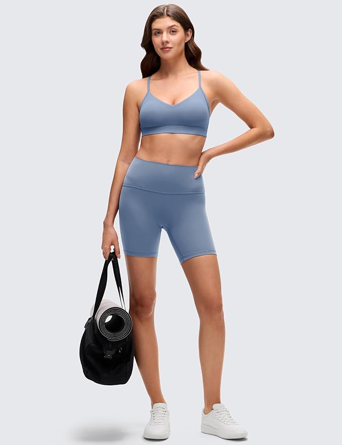 CRZ YOGA Butterluxe V-Neck Sports Bras for Women - Adjustable Thin Straps Padded Yoga Top Basic Wireless Camisole