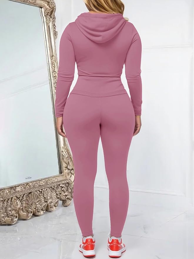 Women Two Piece Outfits Workout Sets Bodycon Legging Jacket Tracksuit Zip Up Hoodie Jogger Matching Sweat Pants Set