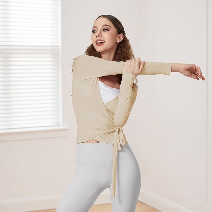 Women Wrap Tie Top Y2k Long SLeeve Ballet Workout Yoga Shirt Coquette Blouses