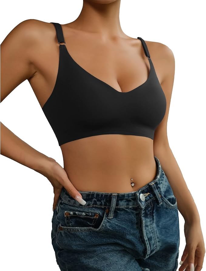 DEANGELMON V Neck Bra Padded Seamless Adjustable Straps Bralettes Everyday Basic Sleeping Bras Multiple Pack