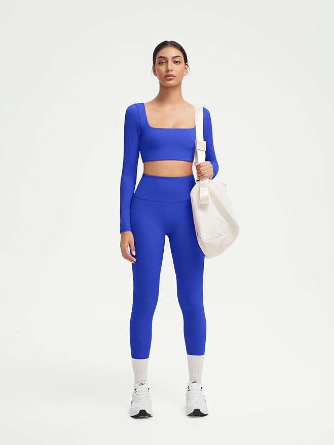 SUUKSESS Women 2 Piece Workout Sets Compression Tummy Control Leggings with Pockets Long Sleeve Square Neck Padded Crop Tops