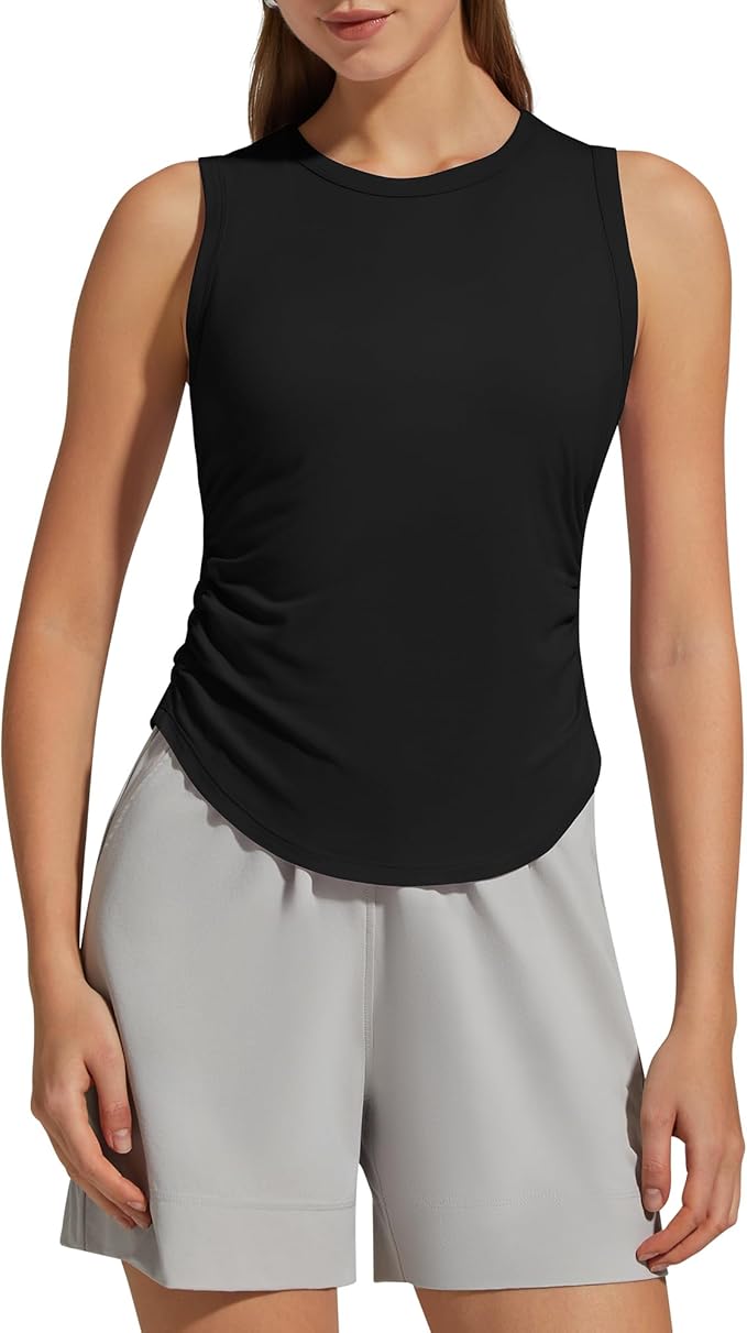 G4Free Lyocell Ruched Side Workout Tank Tops Woman High Neck Waist Length Gym Tanks Soft Relaxed Fit for Training