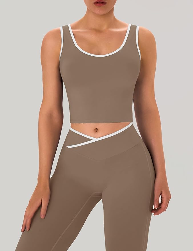 OLCHEE Womens Workout Sets 2 Piece Gym Yoga Outfits Crossover Flare Leggings Crop Tank Top with Contrast Trim