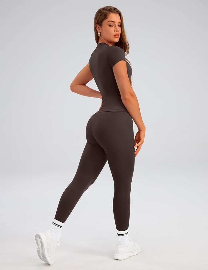 Relety Womens Two Piece Workout Sets Slim Fit Short Sleeve Shirt High Waist Leggings Yoga Outfits Matching Gym Set