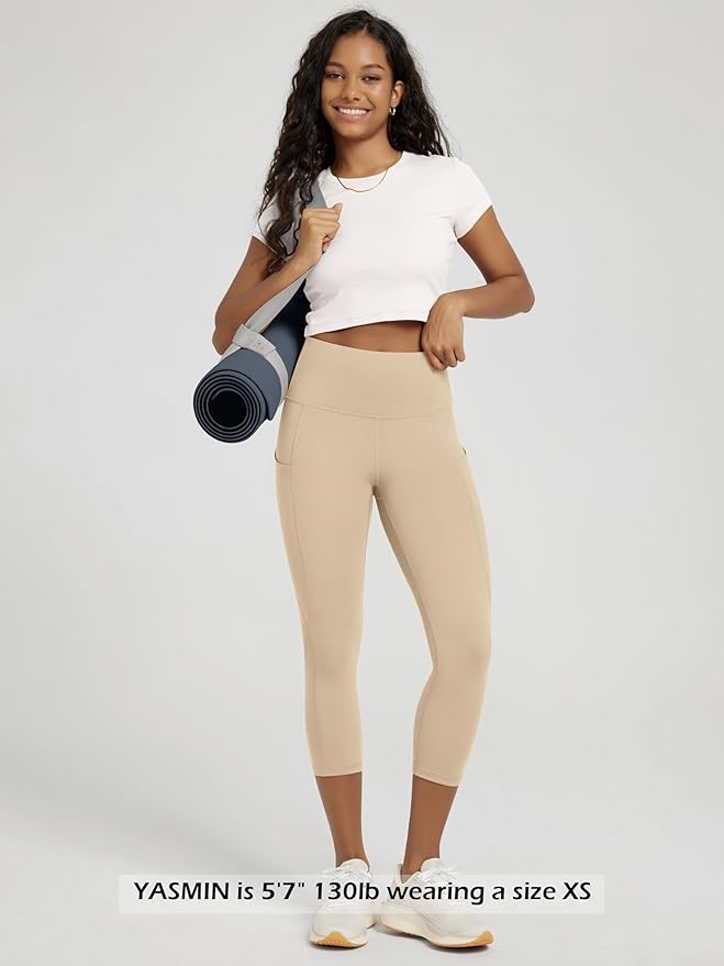 ODODOS Women's High Waisted Yoga Capris with Pockets, Tummy Control Non See Through Workout Athletic Running Capri Leggings