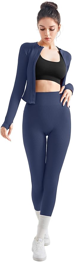 SUUKSESS Women 2 Piece Seamless Ribbed Workout Sets With Zip Up Jacket High Waisted Gym Yoga Leggings