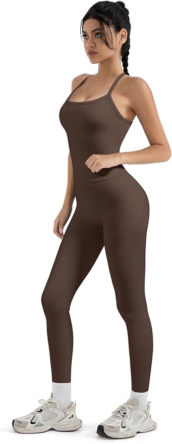 SUUKSESS Women 2 Piece Workout Sets Compression Tummy Control Leggings with Pockets Halter Built in Bra Tank Tops
