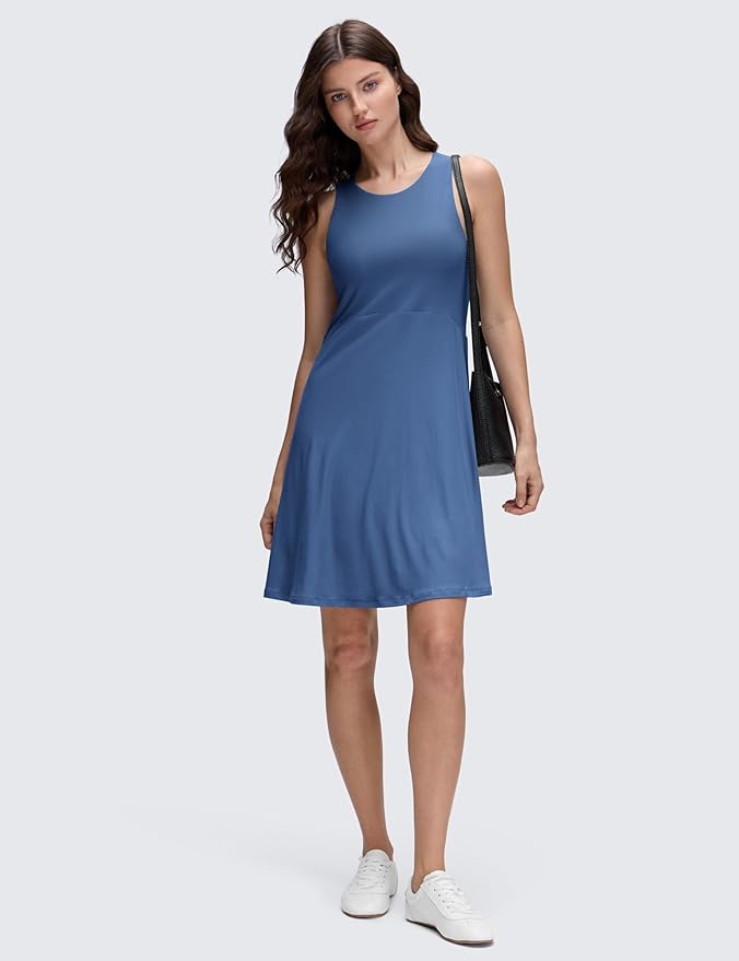 CRZ YOGA Cloudweight Double Layer Midi Dress for Women - Crewneck Flowy Tank Top Sleeveless Outfits for Casual Travel