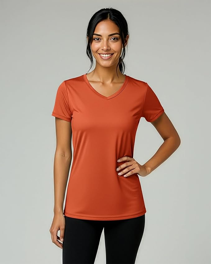 Real Essentials 5 Pack: Women's Dry-Fit Short Sleeve V Neck T Shirt Workout Fitness Yoga Top Tee (Available in Plus Size)