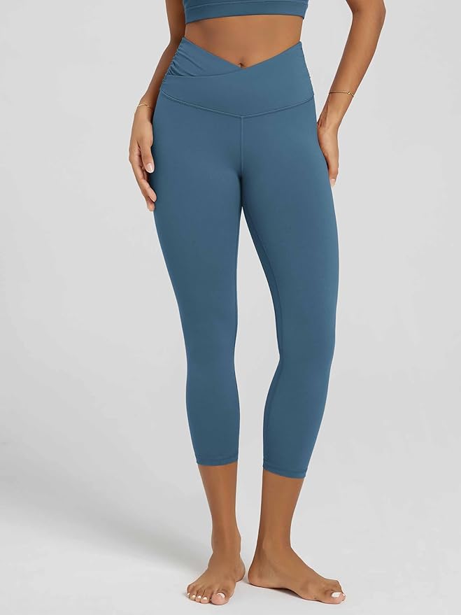ODODOS Women's Cross Waist Yoga Leggings with Inner Pocket, 23"/25"/28" Gathered Crossover Workout Yoga Pants