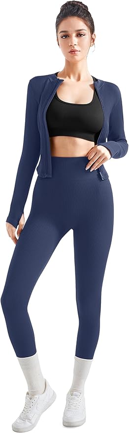 SUUKSESS Women 2 Piece Seamless Ribbed Workout Sets With Zip Up Jacket High Waisted Gym Yoga Leggings