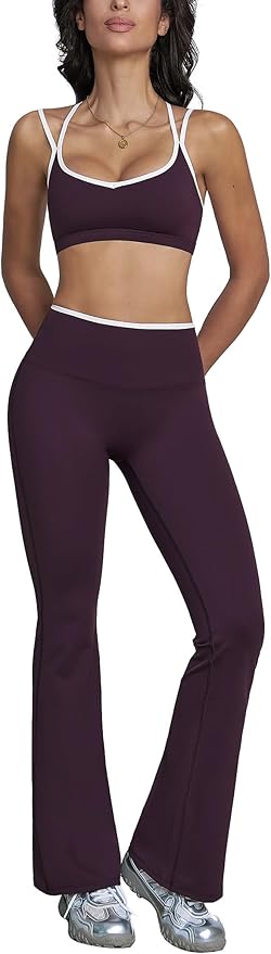 ABOCIW Workout Sets for Women 2 Piece Color Block Strappy Sports Bra High Waist Flare Leggings Gym Yoga Pilates Outfits