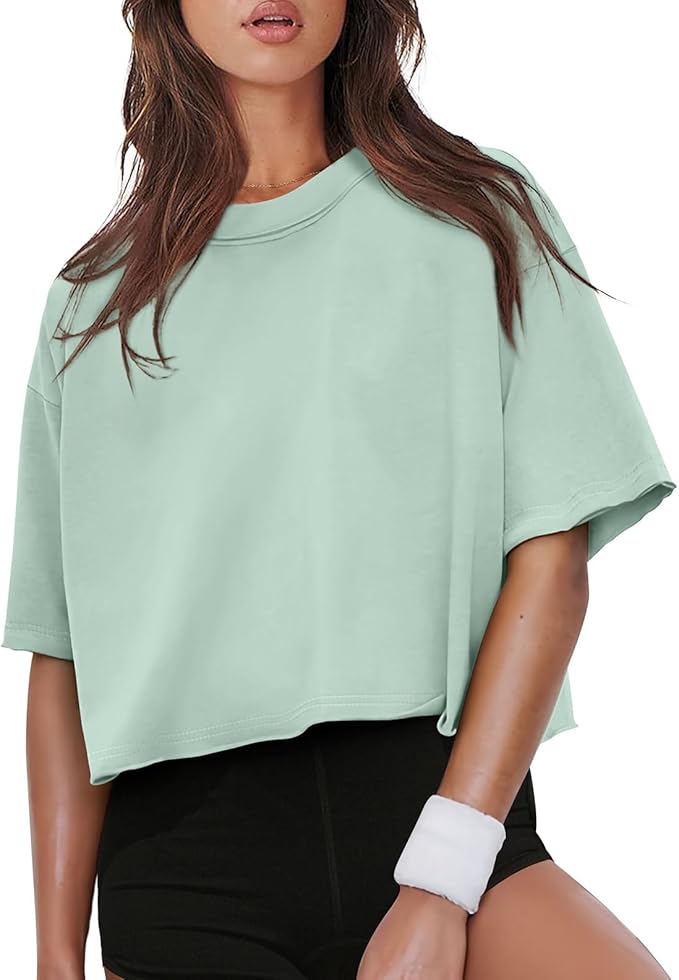 XIEERDUO Cotton Tshirts for Women Drop Shoulder Round Neck Oversized Crop Tops Workout Tops Tees