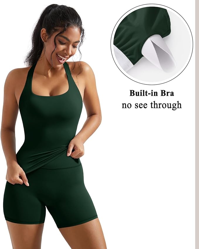 OMKAGI 2 Piece Workout Sets for Women Halter Sports Bra Tank Gym Biker Shorts Outfits