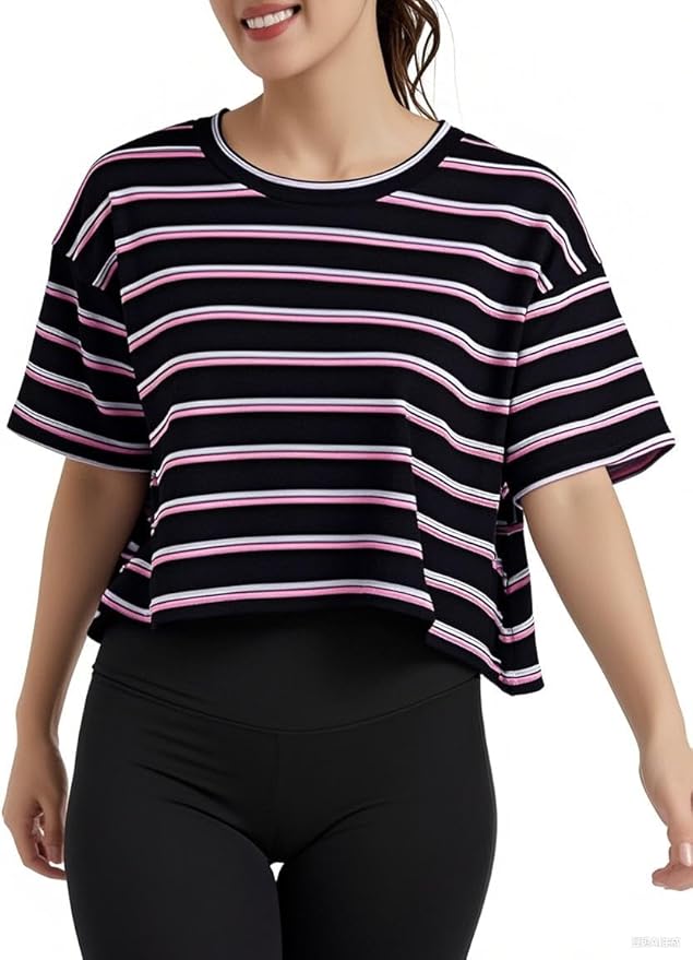 Women's Oversize Workout Crop Tops Casual Short Sleeve Drop Shoulder Boxy T-Shirts Roll Hem Basic Loose Yoga Running Tees