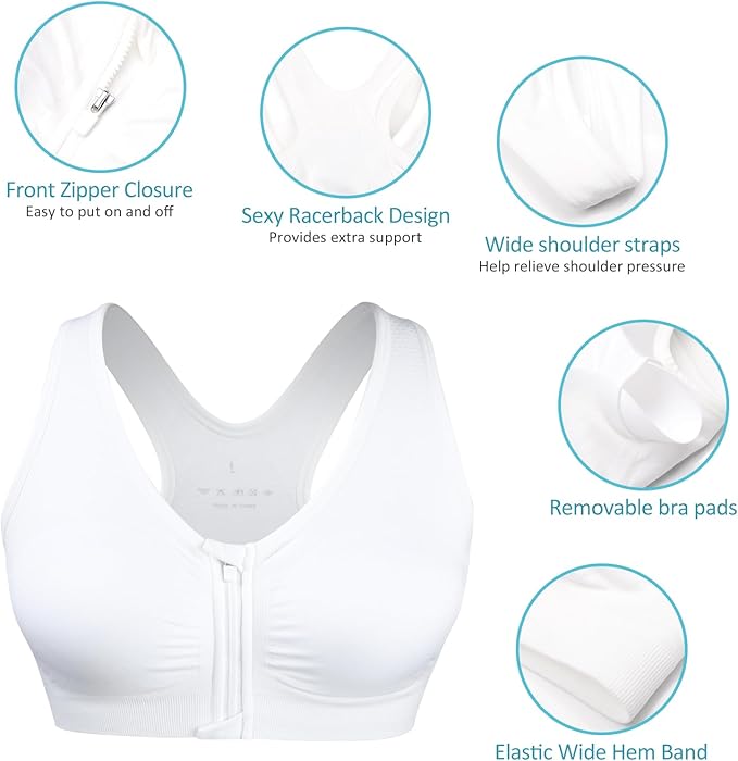 Women's Zip Front Sports Bra Wireless Post-Surgery Bra Active Yoga Sports Bras