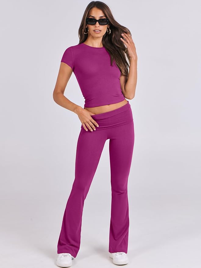 ANRABESS Lounge Sets for Women 2 Piece Foldover Yoga Flare Leggings Pants Crop Tops Casual Y2K Outfits Matching Tracksuit Set