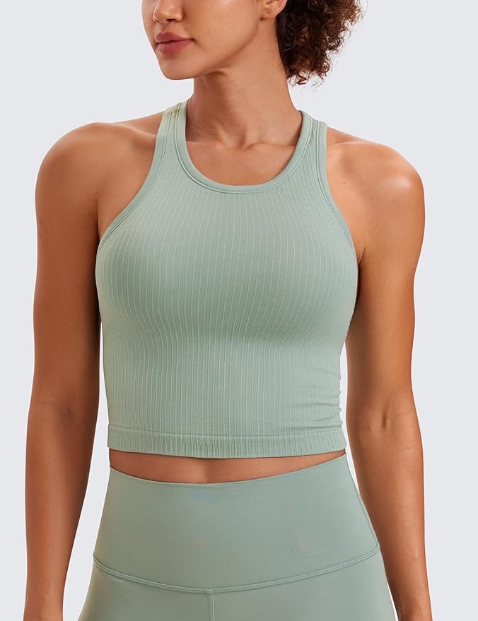 CRZ YOGA Seamless Ribbed High Neck Crop Tank Tops for Women - Longline Racerback Padded Sports Bras