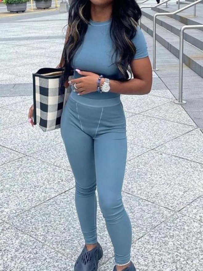 AYWA Two Piece Outfits for Women Fitted Crew Neck T-shirt High Waist Leggings Biker Shorts Matching Sets Streetwear