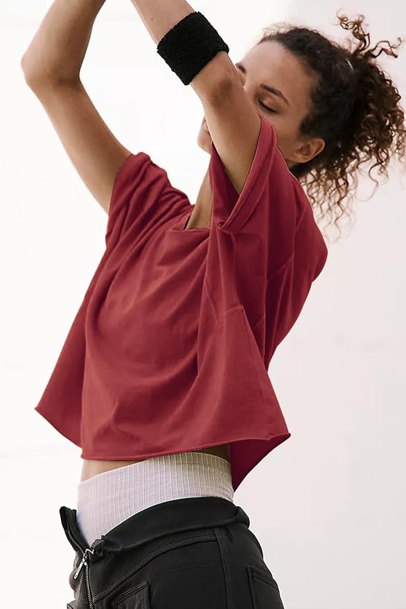 Women's Oversize Workout Crop Tops Casual Short Sleeve Drop Shoulder Boxy T-Shirts Roll Hem Basic Loose Yoga Running Tees