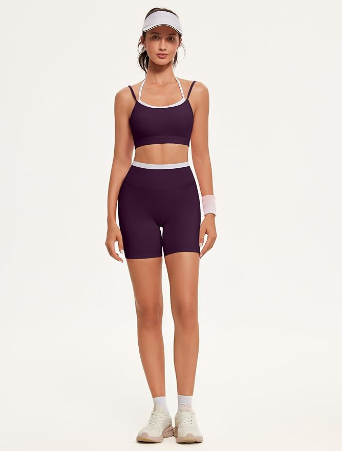 OMKAGI Workout Sets for Women Cute Doubel Layer Open Back Sports Bras Gym Shorts Outfits