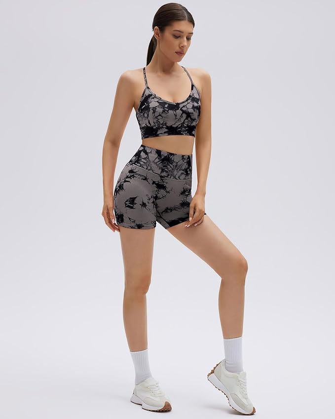 SUUKSESS Women Seamless 2 Piece Workout Sets Criss Cross Sports Bra High Waist Booty Shorts