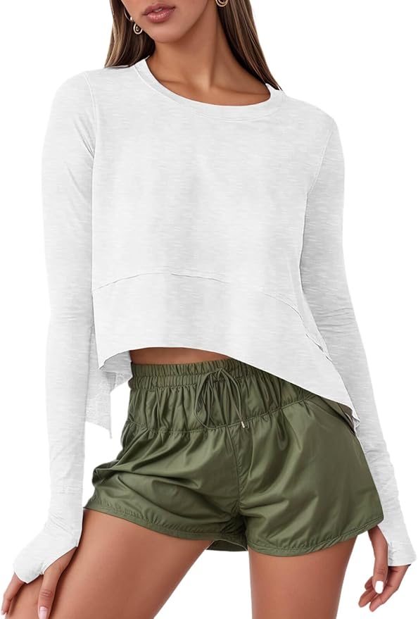 Aurgelmir Womens Long Sleeve Cropped Tops Loose Workout Athletic T-Shirts Flowy Sweatshirt for Yoga Tiered Hem Gym Tees