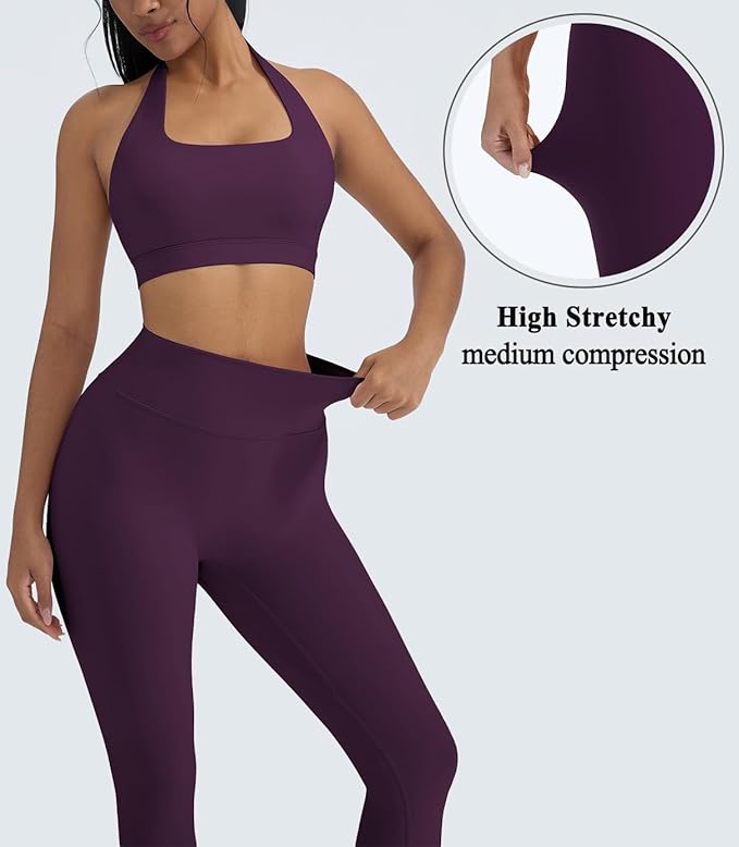 OMKAGI 2 Piece Workout Sets for Women Halter Sports Bras Gym Sets Booty Leggings Outfits