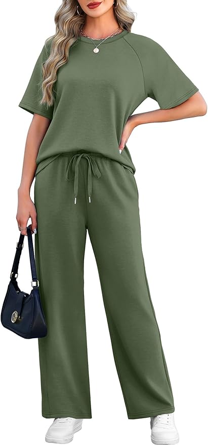WIHOLL 2 Piece Sets for Women Resort Wear Travel Vacation Outfits Summer Short Sleeve Lounge Sets