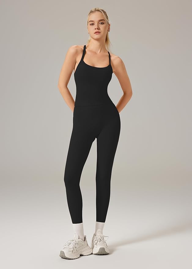 RXRXCOCO Cross Back Workout Sets for Women 2 Piece Padded Tank Tops Hidden Scrunch Leggings Gym Outfits with Pockets